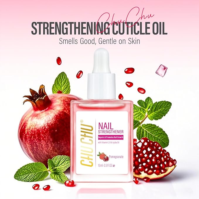 CHUCHU Vegan Cuticle Oil for Nails: Pomegranate Jojoba Nail Cuticle Oil with Vitamin B & E for Moisturizes Cuticle and Nail's Skin - Prevents Hangnails and Chapped 15ML