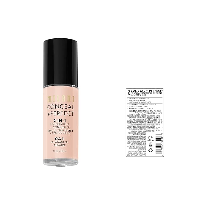 Milani Conceal + Perfect 2-in-1 Foundation + Concealer for a Flawless Complexion, Under Eye Corrector, Cover Redness and Imperfections, Waterproof and Sweatproof - 0A1-Alabaster