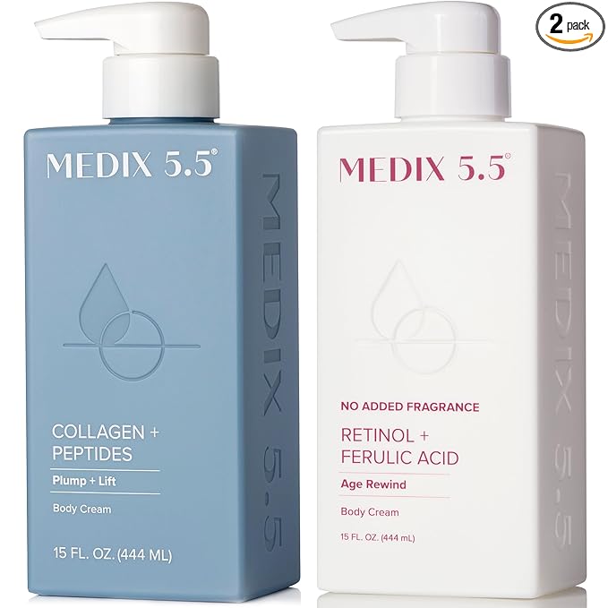 MEDIX Fragrance Free Firming Retinol Body Lotion + Collagen Peptides Cream 2pc Skincare Set | Crepey Skin Treatment | Anti Aging Body Cream & Face Moisturizer For Crepe Skin, Cellulite, & Wrinkles