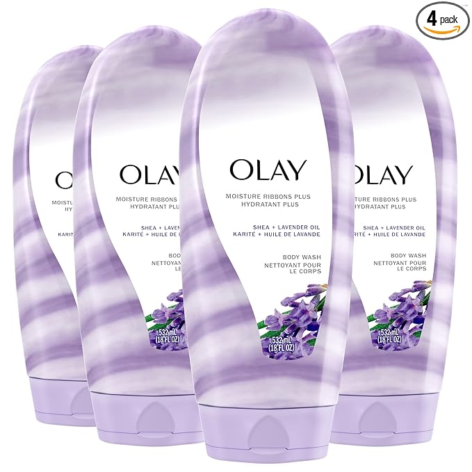 Olay Body Wash for Women, Moisture Ribbons Plus, Deep Conditioning & Moisturizing Formula, Long Lasting Smooth Soft Skin, For All Skin Types, Shea Butter & Lavender Oil Scent, 18 fl oz (Pack of 4)
