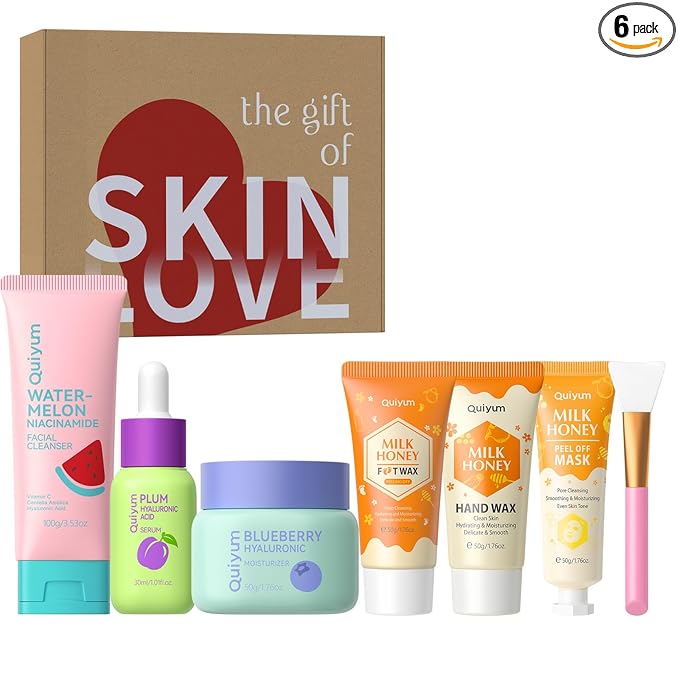 QUIYUM 6PCS Skincare - Skin Care Sets with Watermelon Cleanser, Plum Serum, Blueberry Moisturizer, Milk Honey Peel-Off Mask, Hand Wax, Foot Wax, Hydrating Cleansing Repairing, Ideal Gifts Sets