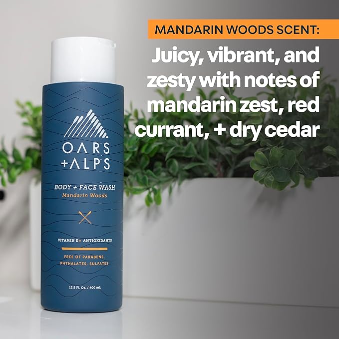 Oars + Alps Body Wash for Men, Mens Body Wash & Face Cleanser with Vitamin E & Antioxidants, Moisturizing, Paraben & Sulfate Free Cleanser, Mandarin Woods, 2pk