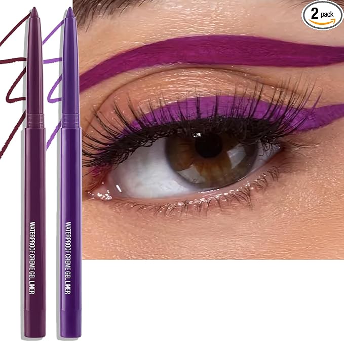 2 PCS Purple Eyeliner Pencil Set, Matte Shimmer Gel Waterline Eye Liner Pen Smudge-Proof Multi-Use Colorful Eyeliner Creamy High Pigmented Long-Lasting Retractable Smooth Eye Makeup