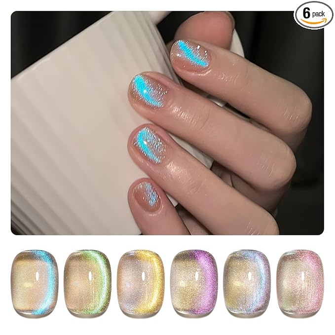 GAOY Cat Eye Gel Nail Polish Set with Magnet for Blue Glitter Holographic Cat Eye, Salon Gel Manicure and Nail Art DIY at Home, Mermaid's Tears