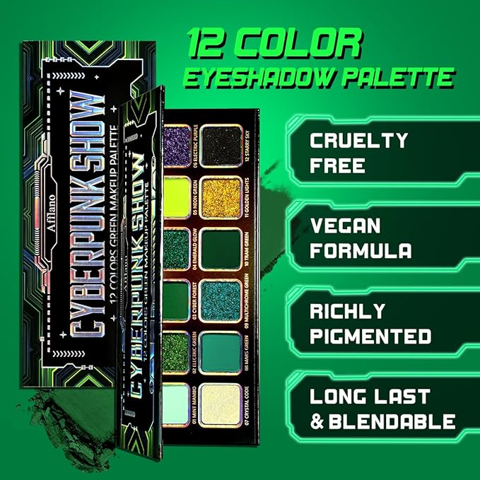 Green Eyeshadow Makeup Palette, 12 Colors Neon Emerald Green Glitter Holographic Eyeshadow with Matte Shimmer for Brown Eyes, Pigmented Silky Long Last Forest Eye Shadow for Witch, Shrek, Party, Vegan