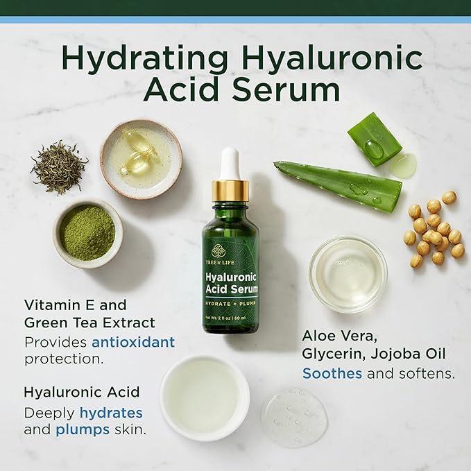 Tree of Life Hyaluronic Acid Serum For Face - Deep Hydration for Dry, Dehydrated, & Sensitive Skin - Dermatologist Tested - Moisturizing Treatment for Smooth Skin, 2 Fl Oz