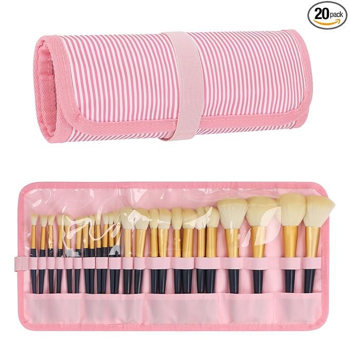 OCHEAL Makeup Brush Holder, Pink Stripes Makeup Brush Organizer,Travel Makeup Brushes Bag Cosmetic Bags Pouch for Women Cosmetic Brushes Makeup Artist -Brushes Not included