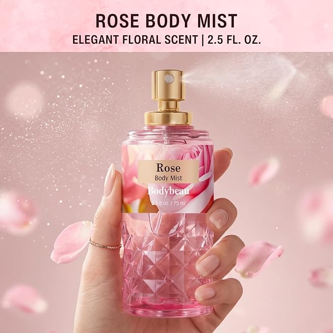 Rose Spa Gift Set For Women - 4PCS Luxury Bath and Body Kit with Shower Gel, Body Scrub, Lotion & Body Mist - Portable Travel Size Self Care Gift for Mom, Wife, Teens, Friends or Her