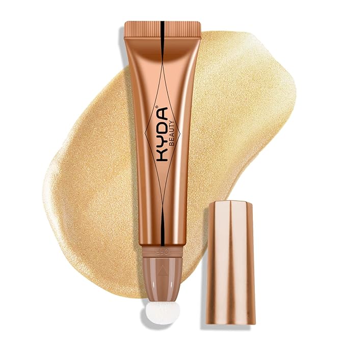 KYDA Liquid Highlighter Wand, Buildable Glow Face Illuminator, Shimmer Highlighter Bronzer Makeup Stick, Smooth Blendable Coverage with Cushion Applicator, Golden, 06 fl oz