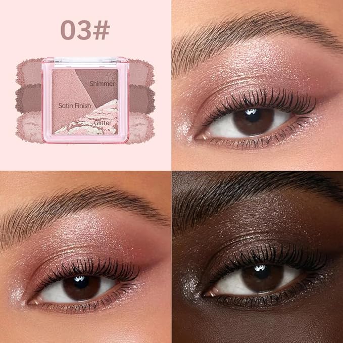 Rose Brown Shimmer Baked Eyeshadow Palette, 3 Color High Pigment Blendable Eye Shadow Makeup for Older Women, Travel Mini Palette Suitable for All Eye Shapes, Vegan Cruelty-Free Romantic Look 03#