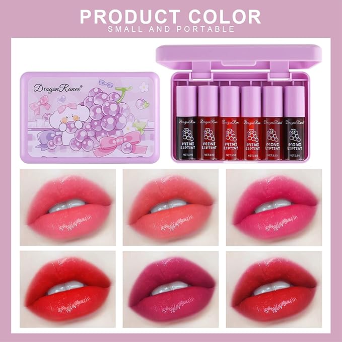 Eakroo 6 Colors Grapes Lip Tint Stain Set, Korean Lip Gloss Watery Lip Stain, Lipstick for Women, Lip Gloss for Girls, Blush for Cheeks, Non-Stick Cup, Waterproof, High Pigment, Lip Tint Makeup