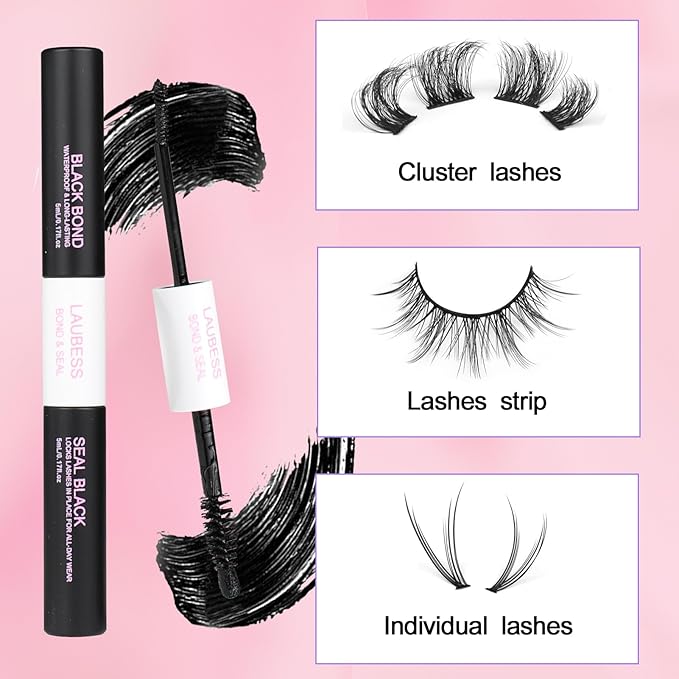Lash Bond and Seal Waterproof LAUBESS Lash Glue for Eyelash Clusters 2 in 1 Lash Cluster Glue Adhesive Eyelash Glue Home Use Strong Hold 72H 10ml