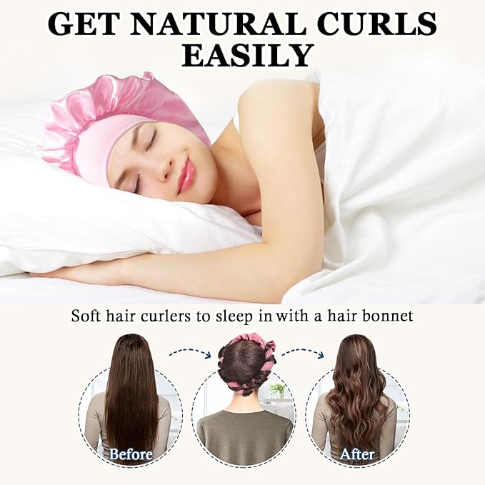 Gwabee No Heat Overnight Curl Headband, 70" Soft Ribbon Curl Wrap for Long Hair - 9 PCS Rods Set with Bonnet, Pink