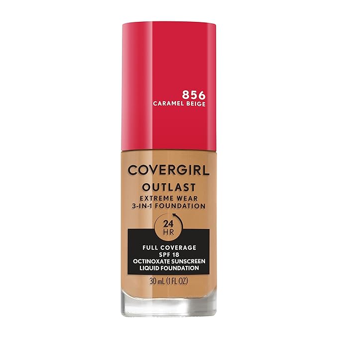 Covergirl Outlast Extreme Wear 3-in-1 Full Coverage Liquid Foundation, SPF 18 Sunscreen, Caramel Beige, 1 Fl. Oz.