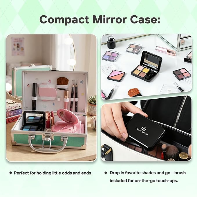 Color Nymph Beginner Makeup Kits For Teens With Train Case Included Full Makeup Kit Eyeshadow Palette Blushes Bronzer Highlighter Lipstick Brushes Mirror (Green)