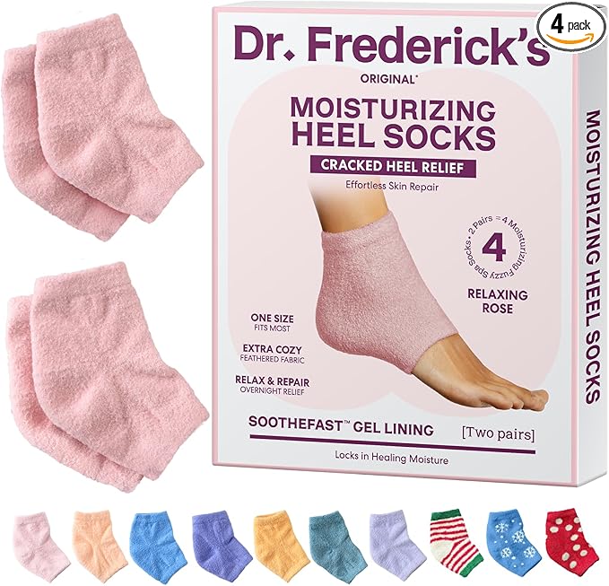 Dr. Frederick’s Original Moisturizing Fuzzy Heel Socks - Cozy Gel-Lined Socks for Dry Cracked Heels - 2 Pairs - Overnight Foot Care with Olive Oil, Vitamin E - Gifts for Women & Men - Relaxing Rose