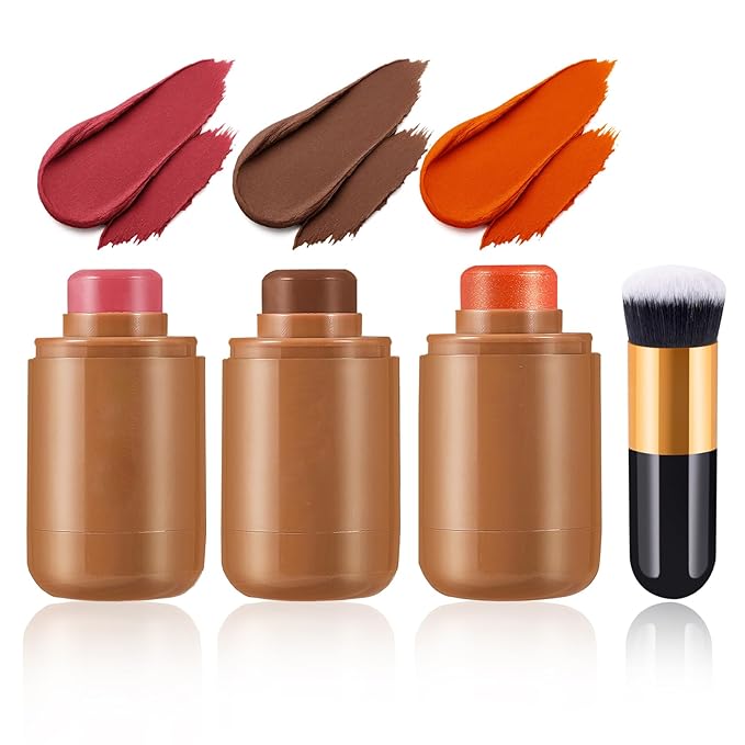 3Pcs Cream Contour Stick Makeup Kit with Makeup Brush,Shades with Highlighter,Brush Stick,Cream Bronzer for Sculpt the Cheeks,Long-lasting Waterproof Lightweight Contour Set C