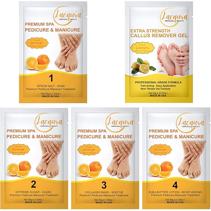 Deluxe Pedicure Kit 5 Step Spa Set – Epsom Salt Soak, Callus Remover Gel, Sugar Scrub, Collagen Mask & Shea Butter Lotion – Professional At Home Foot Care (Orange, 20 Sets)