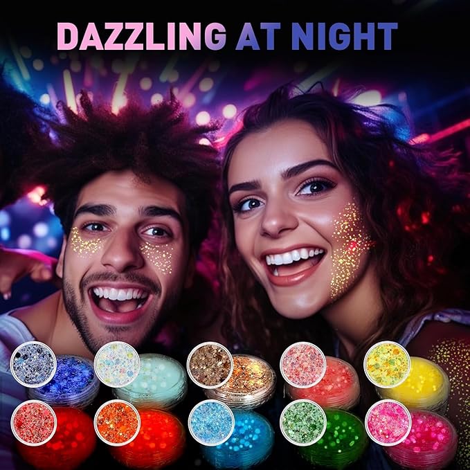 AROIC 40 Colors Body Glitter, Mardi Gras Accessories Hair Glitter for Kids Women Glow in The Dark, Eyeshadow Face Sparkles, Makeup Festivals, Raves, Cosplay, Concerts Face Paint St Patricks Day Gifts