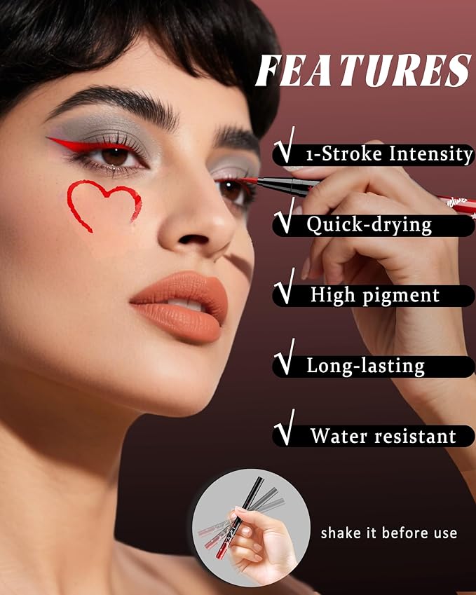 Colored Liquid Eyeliner Pen, Red Waterproof Waterline Matte Eye Liner Pencil, High Pigmented Long Lasting Quick Drying Bright Colorful Eyeliner Pen for Women, Valentine’s Day Eye Makeup Gifts-10