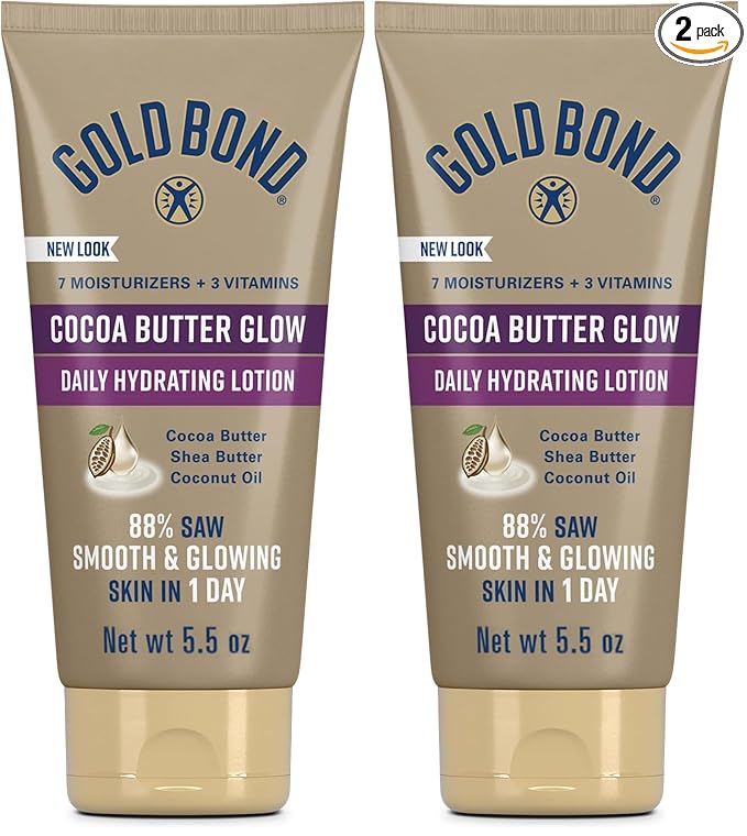 Gold Bond Cocoa Butter Glow Daily Hydrating Lotion with Shea Butter, Cocoa Butter & Coconut Oil, Exfoliating Moisturizer for Dry Skin, 5.5 oz. (Pack of 2)