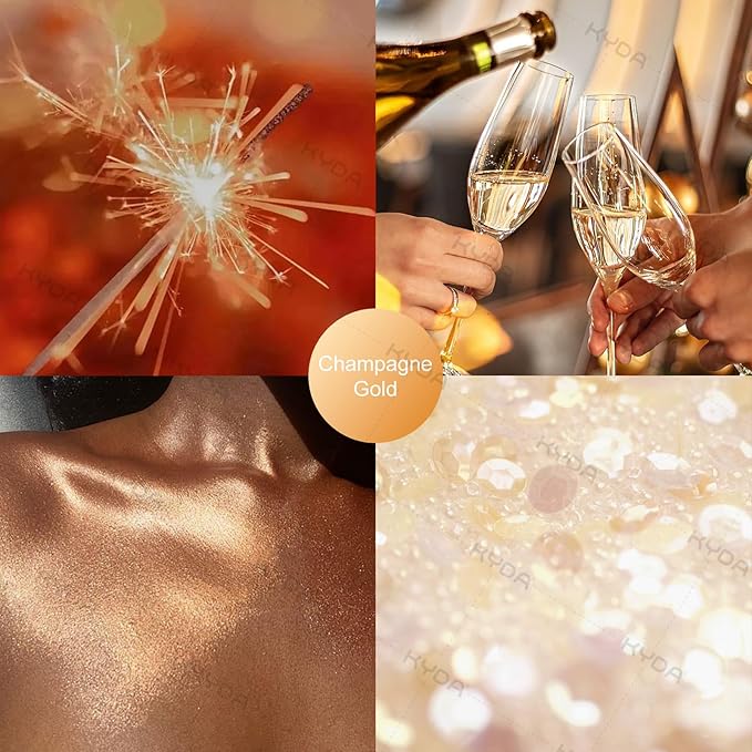 KYDA Champagne Body Glitter Spray, Shimmer Loose Powder Spray Sparkle Powder, Cosmetic Shimmer Makeup Glitter for Hair Body Face Clothes Nail Art Craft Design Easter Christmas Halloween Crafts
