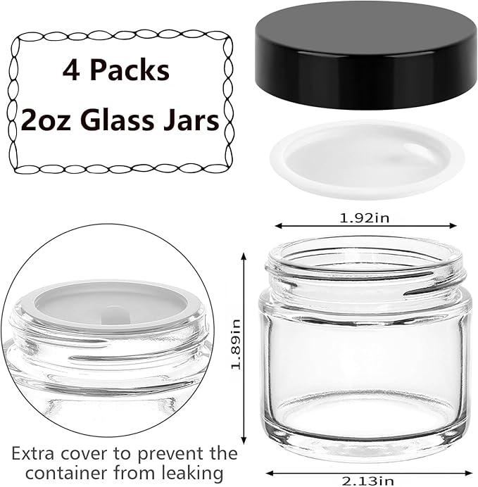 Accmor 2 OZ Glass Jars with Black Lids, 4 Pack Empty Cosmetic Containers Round Glass Travel Jars with Inner Liners & Spatulas, Leak Proof Makeup Sample Container for Storing Lotions, Cream, Ointments