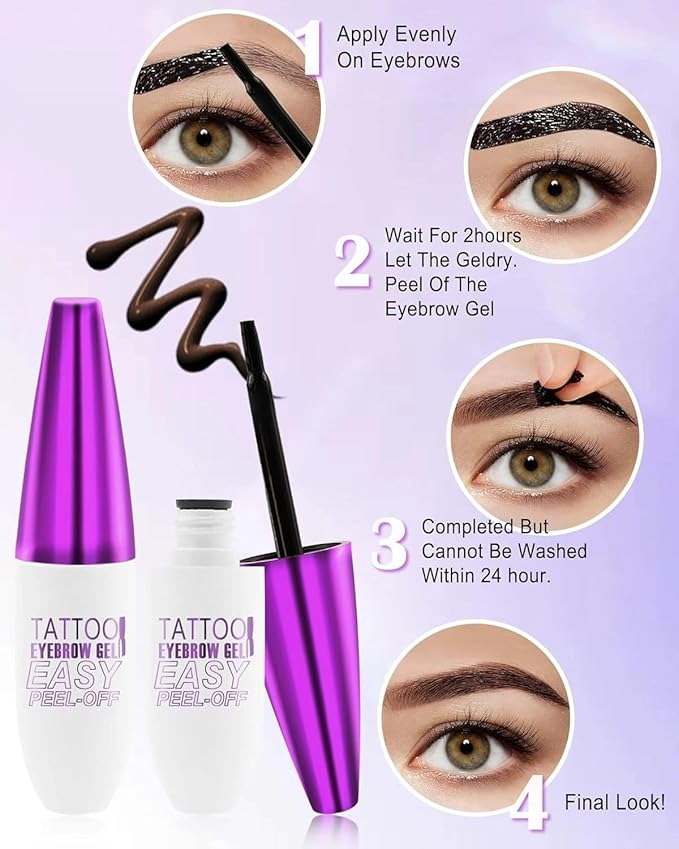 2Pcs Peel Off Eyebrow Tint Gel, Semi-Permanent Color Brow Dye, Waterproof Long-Lasting Tattoo Eyebrow Gel for Fuller Defined Brows Makeup, Smudge-Proof, Easy Peel, Lasts Up To 3 Days (Black)