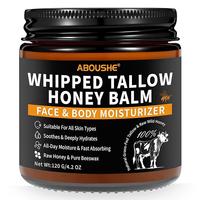 Beef Tallow for Skin - Organic Grass-Fed Whipped Beef Tallow and Honey Balm with Wild Honey & Beeswax, Beef Tallow for Face & Body Moisturizer, Natural Lotion for Sensitive and Dry Skin 4.2 oz