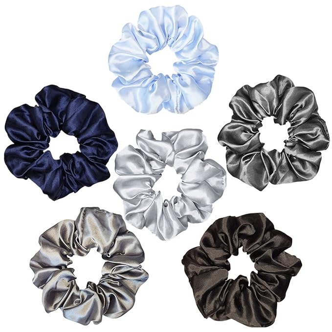 6 Pcs Satin Silk Scrunchies - Soft Hair Ties, Fashion Hair Bands, Bows, Elastic Bracelets, and Ponytail Holders for Women and Girls (4.5 Inch, Blue and Gray)