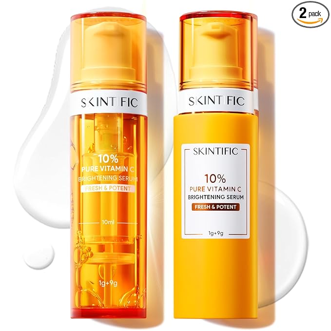 SKINTIFIC Dual-Chamber Fresh Vitamin C Brightening Serum for Face, 10% Pure Vit C Powder Serum, Dark Spot Corrector, Oxidation-Proof with UV Shield