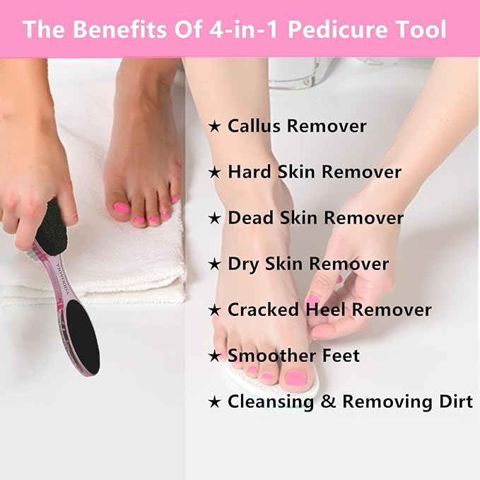Foot File Callus Remover 4-in-1, Feet Scraper Pedicure Tools with Pumice Stone, Scrubber Brush, Foot Rasp and Sand Paper, Double Sided Multi Purpose, Clear Pink and Purple