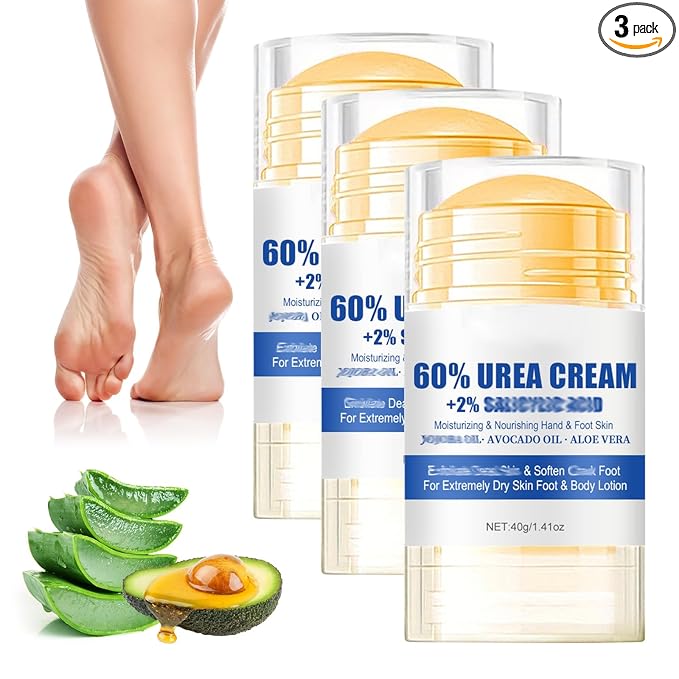 3PCS 60% Urea Hydrating and Anti-Cracking Foot Cream, Maximum Strength Urea Cream for Feet, Foot Lotion Stick for Heels, Dry Hands & Rough Knees, Smoothing Skin Women and Men