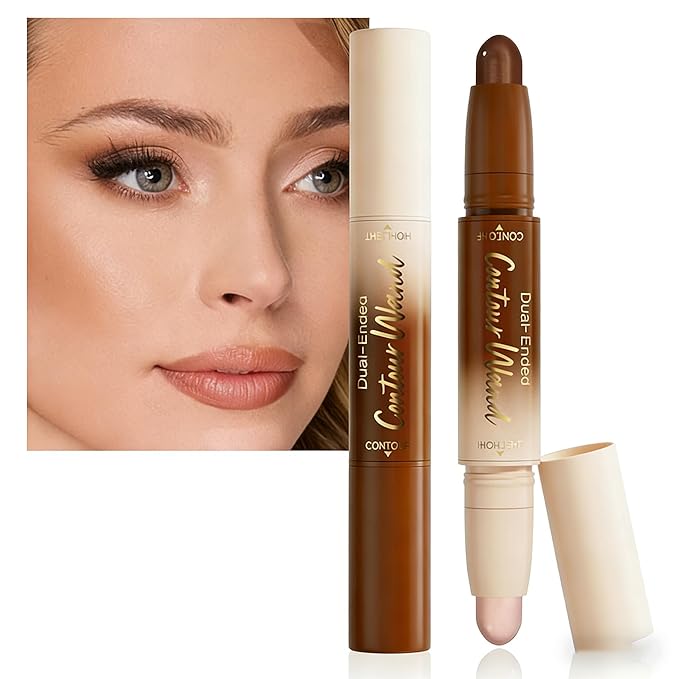 Dual Ended Contour Stick, Darker Nude + Light Pink Cream Concealer Highlighter, Waterproof No Transfer Long-Lasting 2-in-1 Face Contour Bronzer Stick for Daily Makeup 23#