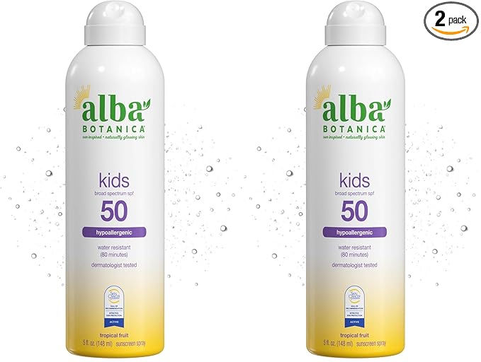 Alba Botanica Kids Sunscreen Spray for Face and Body, Tropical Fruit, Broad Spectrum SPF 50, Water Resistant, 5 fl. oz. Bottle (Pack of 2)