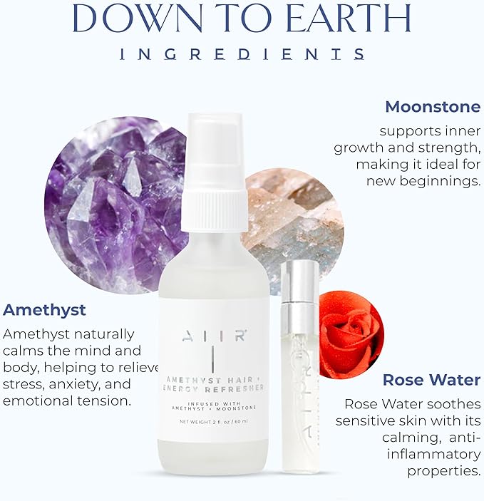 AIIR Amethyst Hair + Energy Refresher Mini - 0.17 Fl Oz Crystal Infused Room and Hair Mist with Rose Water for Positive Energy Cleansing