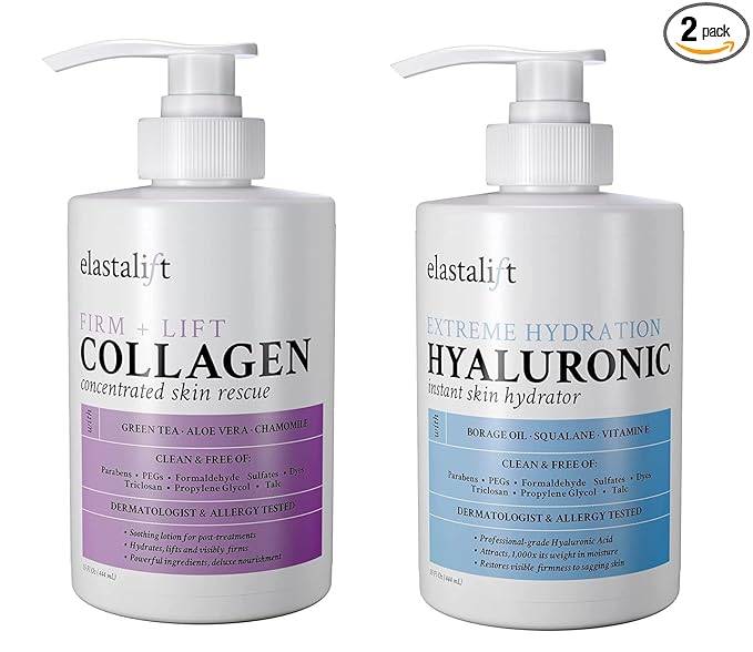 Elastalift Collagen Body Cream + Hyaluronic Acid Lotion Skin Care Set, Anti Aging Face & Body Moisturizer Dry Skin Rescue Creams For Wrinkle Control, Lifting, Firming, & Tightening Skin, 2-Pack