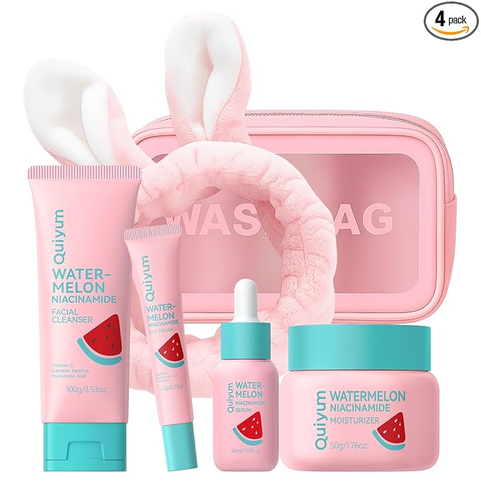QUIYUM Watermelon Skin Care for Teen Girls, Daily Routine Skincare Sets- Smooth, Clean, Oil Control, Firm, Hydrate, Glow Up,, for All Skin 4PCS, Mother's Day Birthday Gift for Women, Wife, Girlfriend