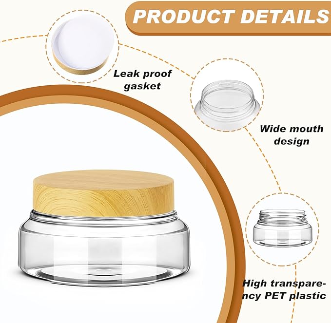 Tessco for you 24 Pack Plastic Jars with Lids Labels Multiuse Slime Containers Empty Body Scrub Jars Round Refillable Cosmetic Body Butter Container for Makeup (5 oz,Clear,Light Beech)