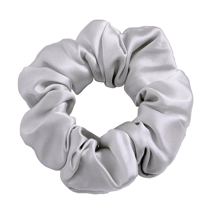 100% Mulberry Silk Scrunchies - 16 Momme Hair Ties for Women with Curly, Thick or Thin Hair, Black Satin for Sleep (1, 05 Grey)