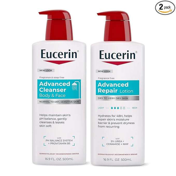 Eucerin Advanced Repair Unscented Body Lotion for Dry Skin (16.9 Fl Oz) + Advanced Cleansing Body and Face Cleanser for Sensitive Skin, Fragrance Free (16.9 Fl Oz)