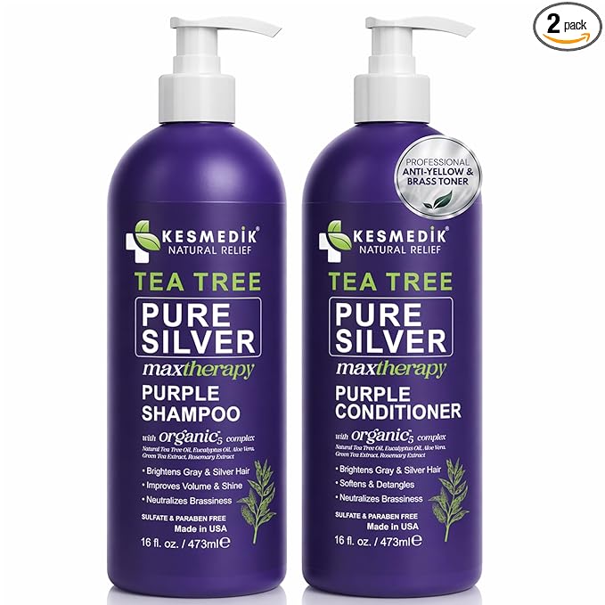 KESMEDIK Tea Tree Purple Shampoo & Conditioner Set with Rosemary & Aloe, Professional Anti Brass Toner, Removes Yellow Tones for Gray, Bleached, White & Blonde Hair, Refreshes Scalp, Sulfate-Free