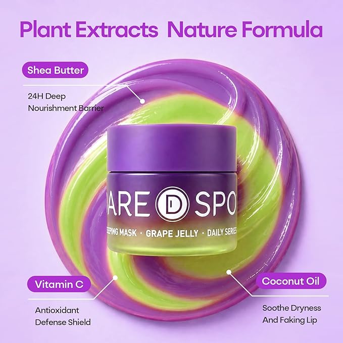 SPODARE Lip Mask Grape 20g - Overnight Lip Sleeping Mask, Lip Moisturizer for Dry Cracked Lips Care, Dual-Color Lips Balm for Nourishing and Softening Lips, Birthday Gifts for Women & Teens