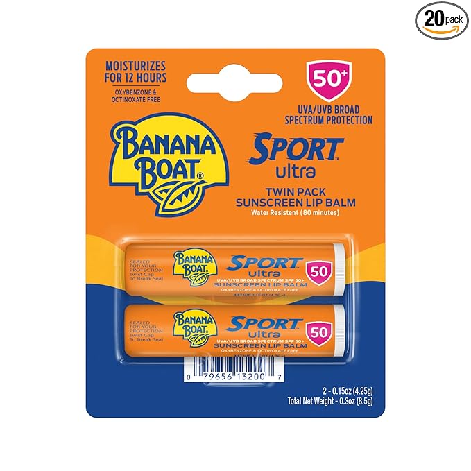 Banana Boat Sport Ultra SPF 50 Lip Sunscreen Twin Lip Balm, Banana Boat Balm SPF 50, Oxybenzone Free, Sunblock, Travel Size Sunscreen for Lips, 0.15 Ounce (Pack of 20)