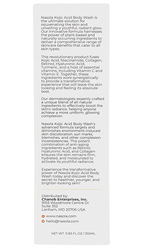 Nasola Kojic Acid Body Wash – Turmeric & Vitamin C Skin Brightening Shower Gel for Deep Gentle Moisturizer – Hydrating Women & Men Body Wash for All Skin Types – 11.8 fl oz