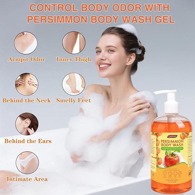 Persimmon Body Wash for Odor Control, Natural Deodorizing Persimmon Soap for Old People Smell, Deep Cleansing Odor Eliminator with Tea Tree, Family Safe Body Wash 16.7 Fl Oz