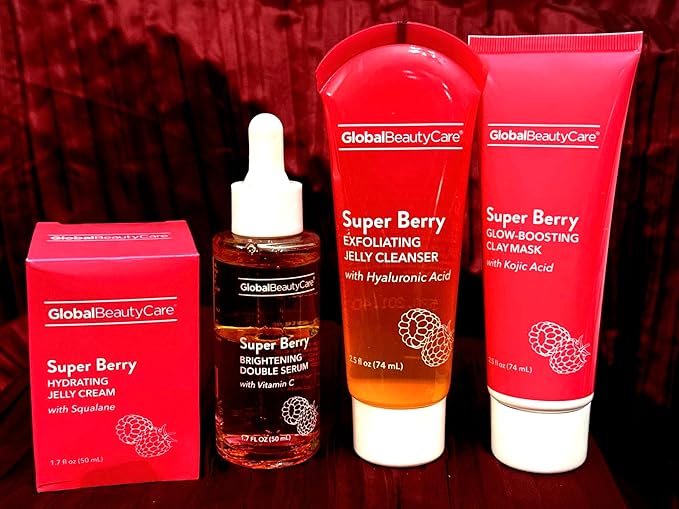 Super Berry Skincare Set with Brightening Serum, Hydrating Jelly Cream, Exfoliating Cleanser, Clay Mask, Vitamin C, Hyaluronic Acid, Kojic Acid, 4 Piece