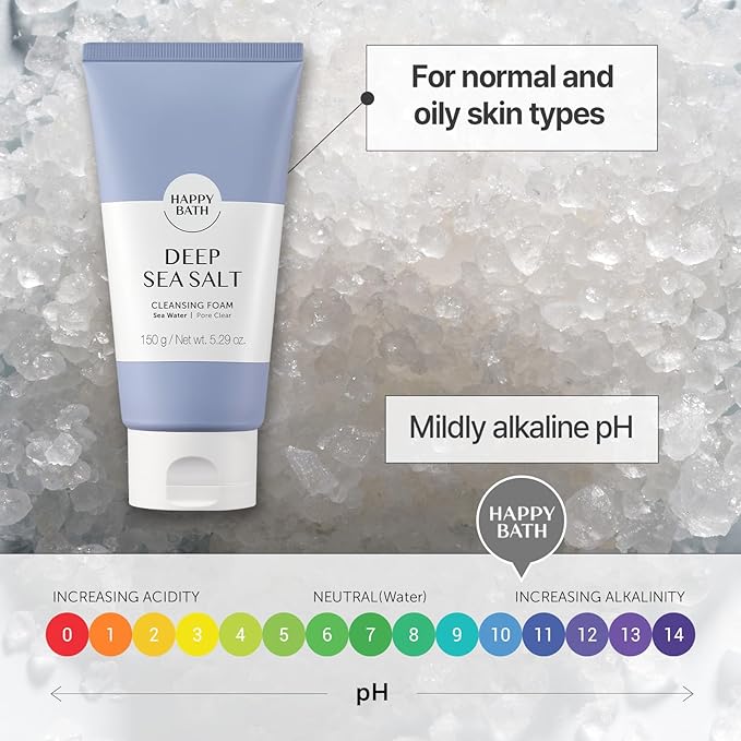 HAPPY BATH Deep Sea Salt Facial Cleanser, Exfoliating Face wash with Cellulose beads, Combination to Oily Skin, Korean Foaming Face Cleanser, Gentle Formula for Daily Use, 5.29 Fl Oz.