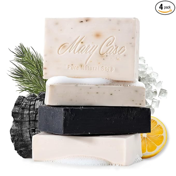 Mary Case Variety Bar Soap Set of 4 | Charcoal, Pine Tar, Sea Salt & Lemon | Natural Soap with Olive & Coconut Oils | Vegan Bath Soap for Men & Women | Hydrating & Nourishing Skin