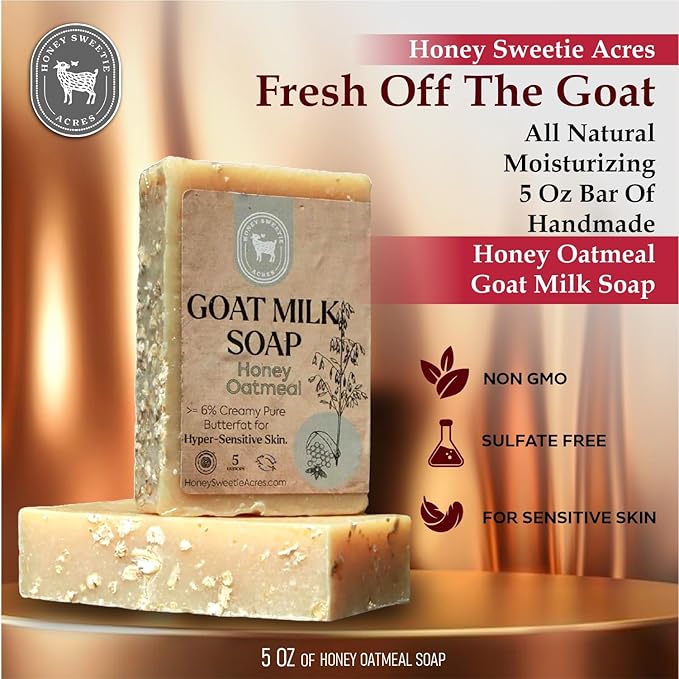 Honey Sweetie Acres 2-Pack Honey Oatmeal Goat Milk Soap - Handmade 5 oz Bar, Made with Natural Ingredients, Moisturizing & Gentle, Made in the USA